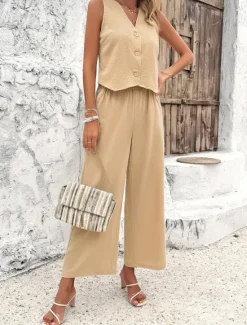 Hot Women's Linen-Inspired Sets Vest Layered V-Neck Top Buttoned Crop Shirt High-Waisted Wide-Leg Pants Rust Orange Linen Textured Lightweight Spring Summer Casual Event Elegant Women Shirts