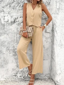 Hot Women's Linen-Inspired Sets Vest Layered V-Neck Top Buttoned Crop Shirt High-Waisted Wide-Leg Pants Rust Orange Linen Textured Lightweight Spring Summer Casual Event Elegant Women Shirts