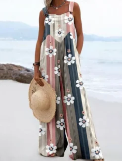 Sale Women's Linen-Inspired Sets Active Floral Sleeveless Wide Leg Vacation Home Loose Fit Black White Yellow Summer Women Jumpsuits|Graphic Jumpsuit