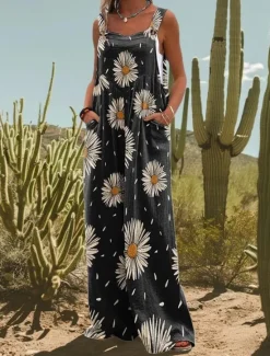Sale Women's Linen-Inspired Sets Active Floral Sleeveless Wide Leg Vacation Home Loose Fit Black White Yellow Summer Women Jumpsuits|Graphic Jumpsuit