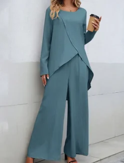 Clearance Women's Linen-Inspired Sets Two Piece Sets T Shirt Wide Leg Pants Long Sleeve Solid Color Black Blue Khaki Spring Regular Fit Women Two Piece Sets|Sets