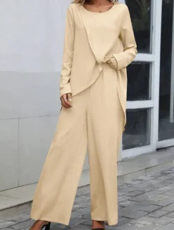 Clearance Women's Linen-Inspired Sets Two Piece Sets T Shirt Wide Leg Pants Long Sleeve Solid Color Black Blue Khaki Spring Regular Fit Women Two Piece Sets|Sets