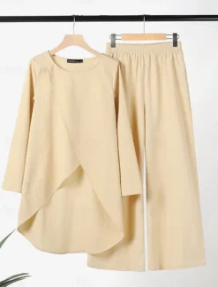 Clearance Women's Linen-Inspired Sets Two Piece Sets T Shirt Wide Leg Pants Long Sleeve Solid Color Black Blue Khaki Spring Regular Fit Women Two Piece Sets|Sets