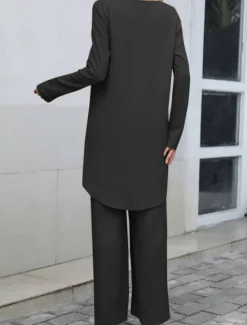 Clearance Women's Linen-Inspired Sets Two Piece Sets T Shirt Wide Leg Pants Long Sleeve Solid Color Black Blue Khaki Spring Regular Fit Women Two Piece Sets|Sets