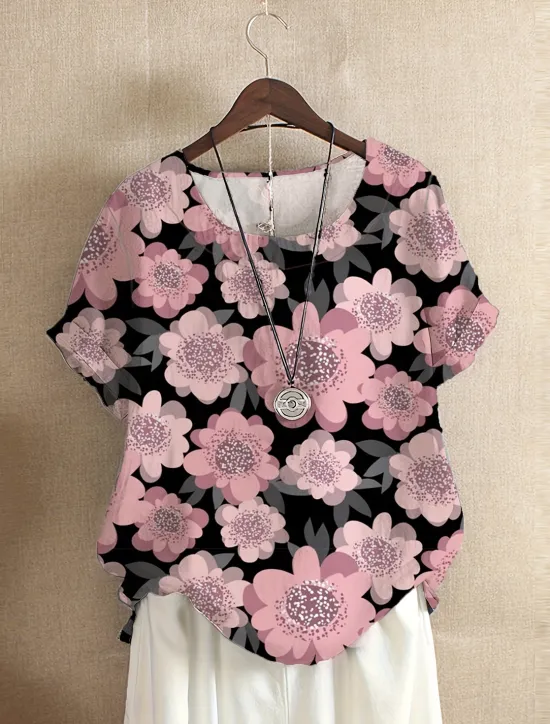 Outlet Women's Linen-Inspired Shirts T Shirt Flower Daily Casual Short Sleeve Crew Neck Daily All Seasons Women Shirts
