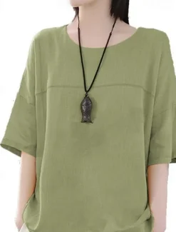 Discount Women's Linen-Inspired Shirts T Shirt Plain Basic Short Sleeve Round Neck Regular Tops Daily Weekend White Blue Orange Green Women Shirts