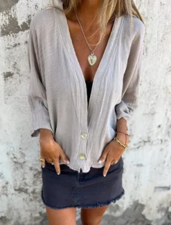 Discount Women's Linen-Inspired Shirts Button Up T Shirt Plain Fashion Modern Casual Long Sleeve V Neck Regular Tops Daily Weekend Patchwork Buttons Sage Green Yellow off-white Gray Spring Fall Women Shirts