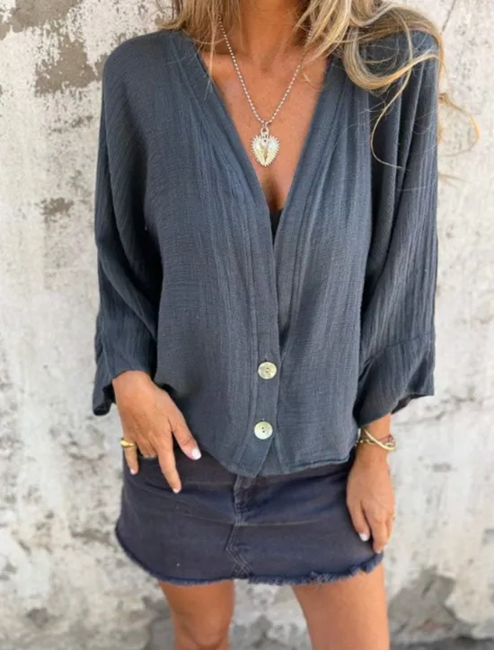 Discount Women's Linen-Inspired Shirts Button Up T Shirt Plain Fashion Modern Casual Long Sleeve V Neck Regular Tops Daily Weekend Patchwork Buttons Sage Green Yellow off-white Gray Spring Fall Women Shirts