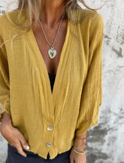 Discount Women's Linen-Inspired Shirts Button Up T Shirt Plain Fashion Modern Casual Long Sleeve V Neck Regular Tops Daily Weekend Patchwork Buttons Sage Green Yellow off-white Gray Spring Fall Women Shirts