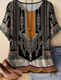 Women's Linen-Inspired Shirts T Shirt Summer Tops Graphic Geometric Vintage Ethnic Casual Short Sleeve Round Neck Regular Tops Daily Going out Weekend Patchwork Print Summer Spring Women Shirts