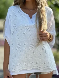 Hot Women's Linen-Inspired Shirts Eyelet top Cotton Blouse Dressy Tops Elegant Stylish Modern Long Sleeve V Neck Regular Tops Work Daily Holiday Patchwork Hollow Out Summer Spring Fall Winter Women Shirts