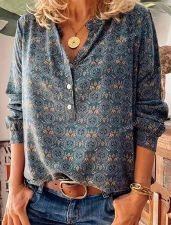 Clearance Women's Linen-Inspired Shirts Dressy Tops Stylish Retro Vintage Long Sleeve Bishop Sleeve Notched Neck Regular Tops Daily Summer Spring Fall Women Shirts
