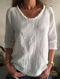 Sale Women's Linen-Inspired Shirts T Shirt Solid Color Fashion Round Neck Street Daily Tassel White Yellow Wine Gray Summer Women Shirts