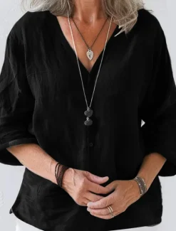 Women's Linen-Inspired Shirts Summer Tops Shrugs Solid Color Daily Casual 3/4 Length Sleeve V Neck Regular Tops Black White Pink Brown Apricot Summer Spring Fall Women Shirts