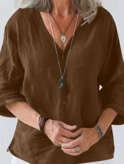 Women's Linen-Inspired Shirts Summer Tops Shrugs Solid Color Daily Casual 3/4 Length Sleeve V Neck Regular Tops Black White Pink Brown Apricot Summer Spring Fall Women Shirts