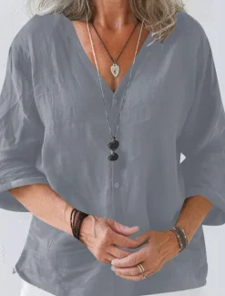 Women's Linen-Inspired Shirts Summer Tops Shrugs Solid Color Daily Casual 3/4 Length Sleeve V Neck Regular Tops Black White Pink Brown Apricot Summer Spring Fall Women Shirts