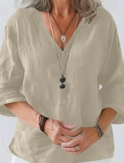 Women's Linen-Inspired Shirts Summer Tops Shrugs Solid Color Daily Casual 3/4 Length Sleeve V Neck Regular Tops Black White Pink Brown Apricot Summer Spring Fall Women Shirts