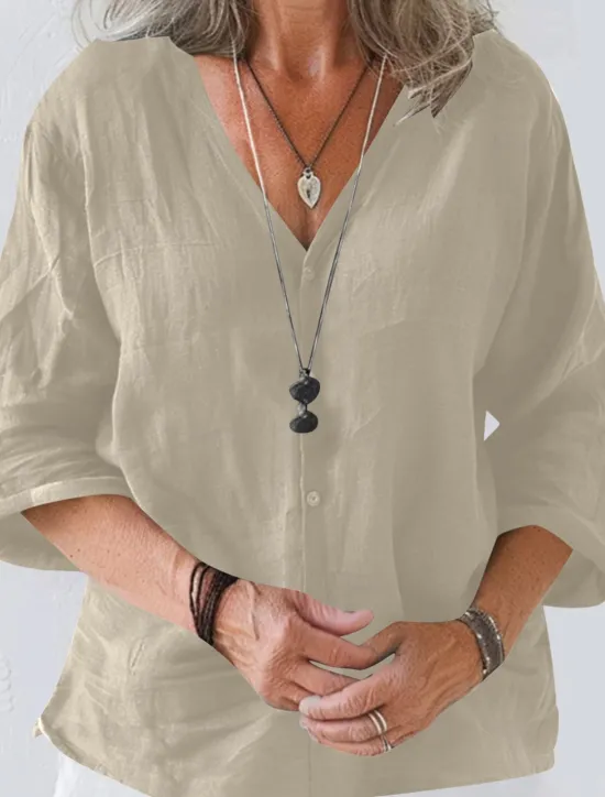 Women's Linen-Inspired Shirts Summer Tops Shrugs Solid Color Daily Casual 3/4 Length Sleeve V Neck Regular Tops Black White Pink Brown Apricot Summer Spring Fall Women Shirts