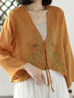Discount Women's Linen-Inspired Shirts Plain Casual Long Sleeve V Neck Vacation Street Daily Wear Embroidered Yellow Purple Orange Green Summer Spring Women Jackets|Shirts