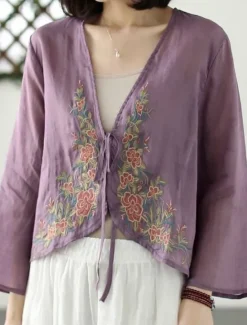 Discount Women's Linen-Inspired Shirts Plain Casual Long Sleeve V Neck Vacation Street Daily Wear Embroidered Yellow Purple Orange Green Summer Spring Women Jackets|Shirts