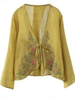 Discount Women's Linen-Inspired Shirts Plain Casual Long Sleeve V Neck Vacation Street Daily Wear Embroidered Yellow Purple Orange Green Summer Spring Women Jackets|Shirts