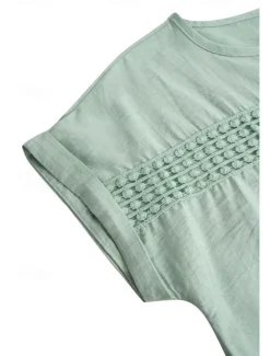 Outlet Women's Linen-Inspired Shirts Lace T-shirt Plain Fashion Short Sleeve Crew Neck Regular Tops Vacation Daily Lace Black Blue Brown Green Khaki Summer Women Shirts