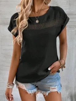 Outlet Women's Linen-Inspired Shirts Lace T-shirt Plain Fashion Short Sleeve Crew Neck Regular Tops Vacation Daily Lace Black Blue Brown Green Khaki Summer Women Shirts