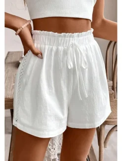 Women's Linen-Inspired Shorts Shorts Slacks Streetwear Casual Short Natural Plain Pocket Elastic Drawstring Design Comfy Comfortable Outdoor Vacation Summer Regular Fit Women Pants
