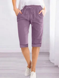 Women's Linen-Inspired Shorts Shorts Slacks Active Simple Casual Knee Length High Waist Plain Pocket Drawstring Elastic Waist Breathability Soft Comfortable Micro-elastic Vacation Casual Daily Weekend Women Pants