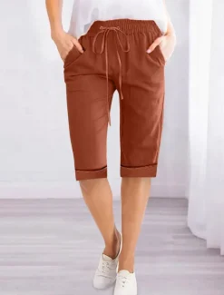 Women's Linen-Inspired Shorts Shorts Slacks Active Simple Casual Knee Length High Waist Plain Pocket Drawstring Elastic Waist Breathability Soft Comfortable Micro-elastic Vacation Casual Daily Weekend Women Pants