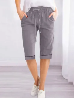 Women's Linen-Inspired Shorts Shorts Slacks Active Simple Casual Knee Length High Waist Plain Pocket Drawstring Elastic Waist Breathability Soft Comfortable Micro-elastic Vacation Casual Daily Weekend Women Pants