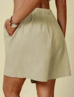 Women's Linen-Inspired Shorts Shorts Palazzo Pants Streetwear Casual Short Natural Plain Pocket Elastic Drawstring Design Outdoor Comfortable Street Going out Light Sky Blue Black White Dark Navy Women Pants