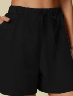 Women's Linen-Inspired Shorts Shorts Palazzo Pants Streetwear Casual Short Natural Plain Pocket Elastic Drawstring Design Outdoor Comfortable Street Going out Light Sky Blue Black White Dark Navy Women Pants