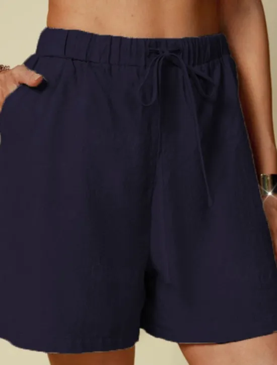 Women's Linen-Inspired Shorts Shorts Palazzo Pants Streetwear Casual Short Natural Plain Pocket Elastic Drawstring Design Outdoor Comfortable Street Going out Light Sky Blue Black White Dark Navy Women Pants