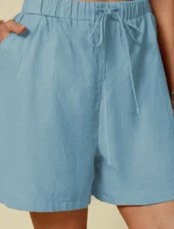 Women's Linen-Inspired Shorts Shorts Palazzo Pants Streetwear Casual Short Natural Plain Pocket Elastic Drawstring Design Outdoor Comfortable Street Going out Light Sky Blue Black White Dark Navy Women Pants