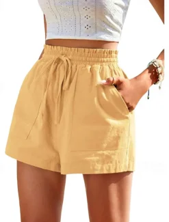 Best Women's Linen-Inspired Shorts Shorts Slacks Casual Short Natural Plain Pocket Elastic Drawstring Design Comfy Outdoor Street Daily Wear Navy White Yellow Army Green Summer Regular Fit Women Pants