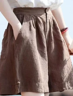 Discount Women's Linen-Inspired Shorts Cotton Linen Pants Culottes Wide Leg Fashion Streetwear Basic Knee Length Medium Waist Plain Pocket Drawstring Comfort Outdoor Micro-elastic Vacation Street Daily rice Women Pants