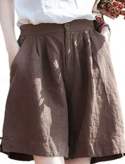 Discount Women's Linen-Inspired Shorts Cotton Linen Pants Culottes Wide Leg Fashion Streetwear Basic Knee Length Medium Waist Plain Pocket Drawstring Comfort Outdoor Micro-elastic Vacation Street Daily rice Women Pants