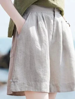 Discount Women's Linen-Inspired Shorts Cotton Linen Pants Culottes Wide Leg Fashion Streetwear Basic Knee Length Medium Waist Plain Pocket Drawstring Comfort Outdoor Micro-elastic Vacation Street Daily rice Women Pants