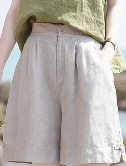 Discount Women's Linen-Inspired Shorts Cotton Linen Pants Culottes Wide Leg Fashion Streetwear Basic Knee Length Medium Waist Plain Pocket Drawstring Comfort Outdoor Micro-elastic Vacation Street Daily rice Women Pants