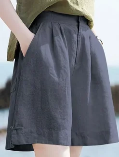 Discount Women's Linen-Inspired Shorts Cotton Linen Pants Culottes Wide Leg Fashion Streetwear Basic Knee Length Medium Waist Plain Pocket Drawstring Comfort Outdoor Micro-elastic Vacation Street Daily rice Women Pants