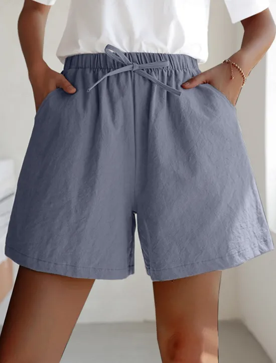 Women's Linen-Inspired Shorts Active Shorts Streetwear Simple Casual Short Mid Waist Plain Pocket Drawstring Breathable Soft Outdoor Micro-elastic Outdoor Vacation Casual Daily Ash Light Sky Blue Women Pants