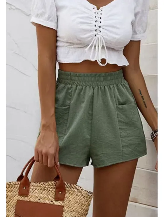 Discount Women's Linen-Inspired Shorts Shorts Slacks Streetwear Casual Short Natural Plain Pocket Elastic Waist Outdoor Comfortable Going out Casual Daily rice white Army Green Dark Gray Summer Regular Fit Women Pants