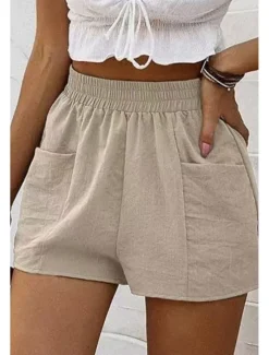 Discount Women's Linen-Inspired Shorts Shorts Slacks Streetwear Casual Short Natural Plain Pocket Elastic Waist Outdoor Comfortable Going out Casual Daily rice white Army Green Dark Gray Summer Regular Fit Women Pants
