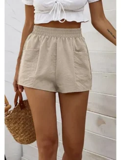 Discount Women's Linen-Inspired Shorts Shorts Slacks Streetwear Casual Short Natural Plain Pocket Elastic Waist Outdoor Comfortable Going out Casual Daily rice white Army Green Dark Gray Summer Regular Fit Women Pants