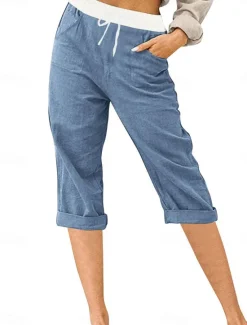 Outlet Women's Linen-Inspired Shorts Chinos Fashion Streetwear Basic Calf-Length Medium Waist Color Block Pocket Drawstring Comfort Outdoor Micro-elastic Vacation Street Daily Grey Black Pink Sky Blue Women Pants