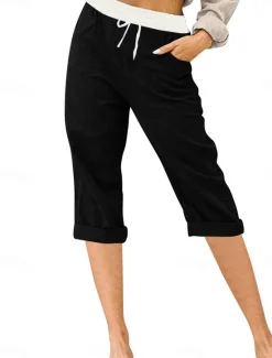Outlet Women's Linen-Inspired Shorts Chinos Fashion Streetwear Basic Calf-Length Medium Waist Color Block Pocket Drawstring Comfort Outdoor Micro-elastic Vacation Street Daily Grey Black Pink Sky Blue Women Pants