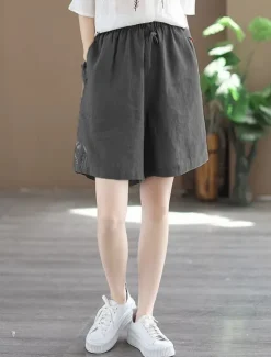 New Women's Linen-Inspired Shorts Shorts Slacks Streetwear Casual Short Natural Plain Embroidered Pocket Elastic Drawstring Design Comfy Outdoor Comfortable Street Going out Gray Green Apricot Black Blue Women Pants