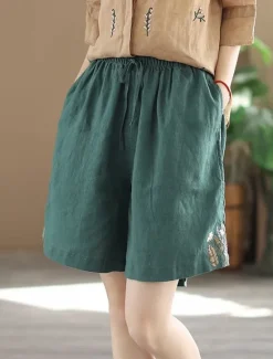New Women's Linen-Inspired Shorts Shorts Slacks Streetwear Casual Short Natural Plain Embroidered Pocket Elastic Drawstring Design Comfy Outdoor Comfortable Street Going out Gray Green Apricot Black Blue Women Pants