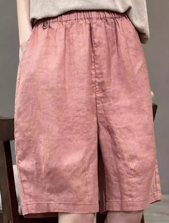 Online Women's Linen-Inspired Shorts Cotton Linen Pants Culottes Wide Leg Fashion Streetwear Knee Length Medium Waist Plain Pocket Elastic Waistband Comfy Soft Comfortable Micro-elastic Outdoor Street Women Pants